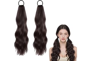SGQTZDZQ 2 Pcs Ponytail Extension Human Hair, Wavy Pony Tail Extensions, Clip in Ponytail Hair Extensions Hairpieces for Women (Brownish black)