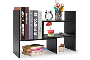Hossejoy Adjustable MDF Desktop Bookshelf Desk Storage Organizer Display Shelf Rack, Counter Top Bookcase, Black