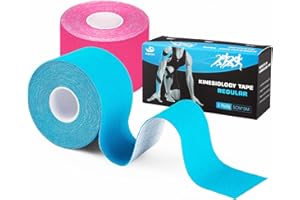 AnjoCare Kinesiologie Tape（Uncut）, elastische therapeutische Sportbänder für Muskeln und Gelenke，Latex frei Physio Tape für Schulter, Knöchel, Ellenbogen und Knie Support（2 Rollen 5M x 5CM）Rosa + Blau