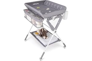 COSTWAY Składany stół do przewijania 3 w 1, mobilna komoda do przewijania z kółkami, stacja do przewijania z regulacją wysokości, z koszem na śmieci i koszem do przechowywania, przenośna mata do