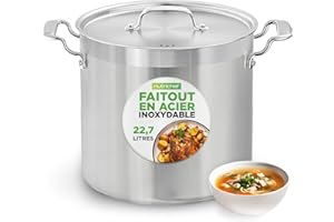 NutriChef Marmite Inox 24 QT (22,7 L) avec Couvercle – Faitout Professionnel en Acier Inoxydable 18/8 – Grande Marmite à Soupe, Bouillon – Tous Feux dont Induction – Lave-vaisselle
