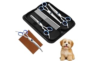 Menibeuty 5 En 1 Colocar para Tijeras Peluqueria Canina,Tijera Adelgazar,Tijeras Curvas,Tijera Recta,Peine, Puntas Redondas de Seguridad Tijeras Perros Cortar Pelo para Aseo Mascotas Bricolaje