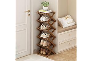 kiss me Bamboo Folding Shoe Rack,Vertical Narrow Shoe Rack,Small Shoe Racks,Without Installation,Shoe Racks Storage,Wooden Narrow Tall rack Indoor for Hallway, Entryway (Brown 6 Tier)