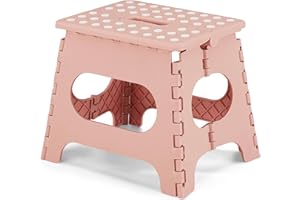 VECELO Folding Stool 28cm, Non-Slip Surface Portable Foldable with Carry Handle, Heavy Duty to Support Kids/Toddler/Adults for Living Room Kitchen, Bathroom,Pink