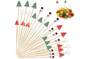SRIZIAN 200 Stück Cocktailspieße, 5.1Inch Weihnachten Baum Schneeflocke Schneemann Obstspieße Bambus Cocktail Picks Cocktail Sticks für Obst, Cocktail, Vorspeisen, Getränke Party Dekoration