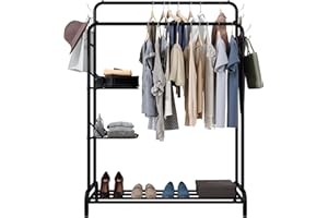 Klass Home Collection Heavy Duty Clothes Rail For Bedroom, Home & Shops, 100KG Load Clothes Rack With Adjustable Shelves, Free Standing Wardrobe Metal Double Clothing Rail For Hanging Garments, Coats