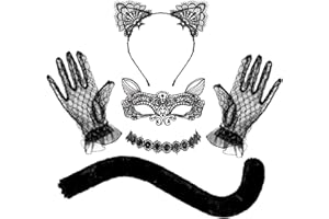 Whaline Black Cat Cosplay Costume Halloween Lace Cat Cosplay Set Cat Eye Cover Tail Chocker Necklace Cat Ear Hair Loop Masquerade Costume Accessories for Women Girl Halloween Theme Party
