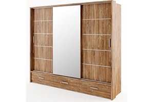 ARTI MOEBEL24_PL Schwebetürenschrank Kleiderschrank Schiebetürenschrank AR-01 ARTI Garderobenschrank mit Spiegel 3 Schubladen und Beleuchtung (Stirling Eiche)