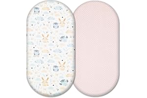 SELEMAVI Moses Basket Fitted Sheets – 100% Cotton, Soft & Breathable Baby Bedding Set – 2-Pack Snug Fit Bassinet Sheets for Moses Baskets & Prams - Fits Mattresses Up to 76x36cm (Cute Animals & Dots)