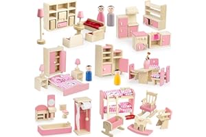 OKABAY 43PCS Wooden Dolls House Furniture Set,6 Room Kit Pretend Play Doll House Furniture,Dolls House Accessories with Kitchen,Dining Room,Living Room,Bedroom,Bathroom for Children Kids Girls Playhouse Toy