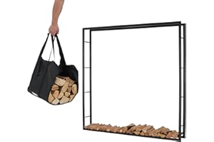 Lendo Online Scaffale per legna da ardere + borsa per il trasporto, per interni ed esterni, Portalegna, per legna da ardere – deposito legna – metallo nero (196x25x196cm)