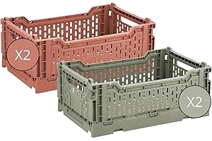 Box and beyond - Lot de 4 Caisses de Rangement pliables - 40 x 30 x 15 cm - Plastique Terracotta et Vert - Pliables - Avec Poignées - Rangement - Cuisine, Bureau, Chambre, Salon - Style Simple