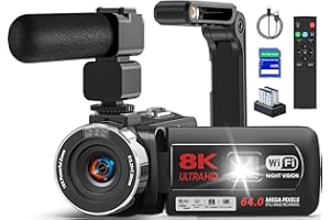 PITIKI Caméscope 8K 64MP WiFi Caméra Vidéo avec Vision Nocturne IR pour Youtube, Écran Tactile 3.0 Zoom Numérique 18X Webcam Vlogging Camera avec Microphone, Stabilisateur, Télécommande, Carte SD et 2 Piles