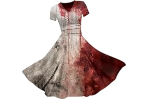 YULONGESS I´m Fine Halloween Kleid Damen mit Blutigem Print Mittelalter Kleid Problem Gelöst Drucken Halloween-Kostüm V-Ausschnitt Kurzarm Kostüm Party Bequemer Cocktailkleid Halloween Karneval