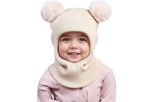 DRESHOW Gorro de Punto para Bebé Niño Niña Capucha Suave Invierno Sombreros y Bufandas con Doble Pompón para Pequeños Niños Niñas 1-6 Años