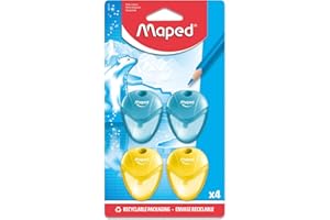 Maped - Lot de 4 Taille-Crayons Igloo - 1 Trou avec Réservoir Transparent - Fourniture Scolaire Pour Enfants - Ergonomique et Compact - 2 Bleus & 2 Jaunes