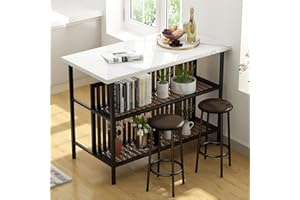 HOOSENG 3 Piece Bar Table Set, Breakfast Bar Table and Stools Set, Dining Room Table with Storage Shelves for Kitchen, Living Room, Small Space, White