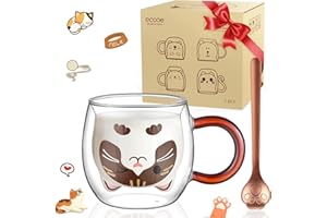 ecooe Taza de gato Tazas de Café de Cristal 280ml Vasos de Doble Pared con asa y cuchara Borosilicato Bonitas Tazas de Animal Para Latte Macchiato Capuchino, Té, Jugo, Helado, Regalo de Cumpleaños