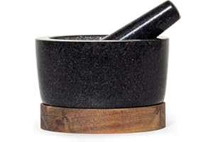Theo&Cleo Grand mortier avec pilon en granit – Mortar naturel et pilon – Pour moudre les épices, l'ail, les grains de café et autres épices – Noir (14 cm)