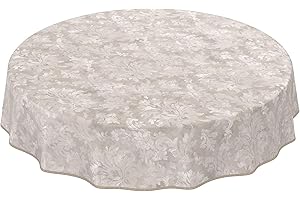 ANRO Nappe en toile cirée lavable pour le jardin, de forme ronde, ovale ou rectangulaire, pour l’intérieur et l’extérieur, motif baroque vrillé, beige-gris clair, ronde, 120 cm, avec ourlet, bordure