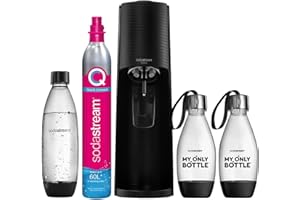 SodaStream Terra Pack - Máquina Gasificadora de Agua Color Negro, Incluye 1 Botella Fuse de 1L 2 Botellas Fuse de 0,5L y 1 Cilindro de Gas Color Rosa, Para Preparar Hasta 60L de Agua con Gas