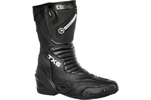 Men's motorcycle boots, racing sports boots, water repellent, made of black leather with hard shell protectors, black