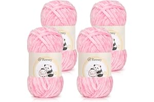 Reessy Chenille Yarn 400g(4×100g), Super Soft Chunky Wool Set, Thick Yarn for Crochet and Knitting Clothes, Handbag, Blankets, DIY- Ideal for Beginners Adults(Pink)