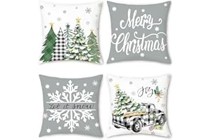 Bonhause Świąteczne poszewki na poduszki 45 x 45 cm, choinki, krata, ciężarówka, płatki śniegu, szare, dekoracyjne poszewki na poduszki na sofę, łóżko, do domu, patio, na zimę, wakacje, dekoracja