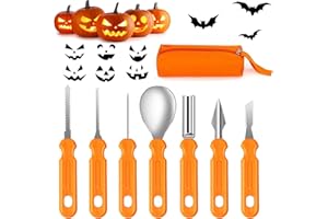Mengine Halloween Pumpkin Carving Kit, 7 Piece Set Professional Pumpkin Carving Tools Heavy Duty Stainless Steel with Stencils and Storage Bag for Halloween Pumpkin Decorative