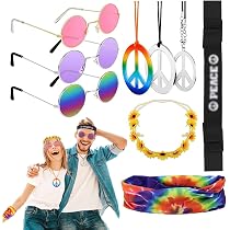 SAIIURV Déguisement Hippie Années 60-80 – Lot 4 Pièces : T-Shirt Tie-Dye, Lunettes Rondes, Collier + Bandeau Multicolore