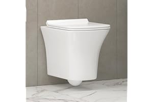 ROYAL BATHROOMS.CO.UK Modern 340mm Bathroom Short Projection Wall Hung Pan Rimless Toilet with Soft Close Seat