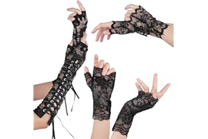 Yolev 3 Paare Frauen Fingerlose Spitze Handschuhe Set Lace Gloves Ellbogen Riemen Steampunk Armstulpen Fingerlos Kurze Fingerlose Braut Blume Handstulpen Braut Spitzen Handschuhe Schwarz Damen
