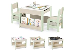 COSTWAY Kids Table and Chairs Set, Wooden Toddler Activity Tables with Reversible Tabletop, Bookshelves, Storage Bins, 3-Piece Children Furniture for Boys Girls (Green+Natural, 61x61x48cm)