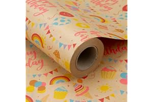 RUSPEPA Rouleau De Papier D'Emballage Cadeau Kraft - Design Thème Anniversaire Idéal Pour Anniversaire, Fête, Papier Cadeau - Baby Shower - 61 cm X 30,5 m