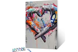 Tucocoo Kit de peinture par numéros à faire soi-même pour adultes - Motif mains de graffiti colorées et mains de graffiti noir et blanc - Décoration murale en forme de cœur - 40,6 x 50,8 cm