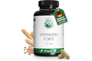 ‎GREEN NATURALS Spermidin Forte 5,5 mg je Kapsel aus Weizenkeimextrakt - 90 Kapseln (3 Monatsvorrat) - Vegan, Natürlich & Ohne Zusatzstoffe - Green Naturals®