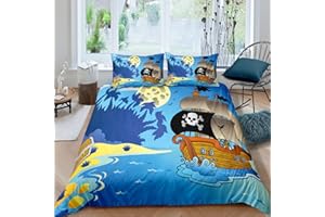 LOUSSIESD Set copripiumino pirata per bambini ragazzi ragazze adolescenti teschio barca a vela tesoro avventura oceano isole blu copripiumino copriletto in microfibra Decor 2 pezzi biancheria da letto con 1