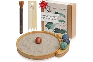 ENSO SENSORY Enso - Kit da giardino zen giapponese per scrivania, set di attrezzi e accessori da giardino con sabbia per scrivania da ufficio, vassoio rotondo in bambù da 30,5 cm, 4 sfere di timbri, sabbia