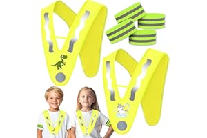 Ycaaeo 2 Stück Reflektoren Warnweste Kinder und 4 Reflektorband,V-Form Kinderwarnweste mit Cartoon Dino Einhorn Muster,Leichte Leuchtweste Sicherheitsweste für Jungen Mädchen Nächtliche Outdoor