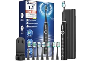 YTEATH PRO Brosse À Dent Électrique Soniques Adulte avec 8 Têtes - Brosse A Dent Sonique Adulte avec Étui de Voyage, 5 Modes, Étanche IPX7, Brosse A Dent Electrique de Voyage Rechargeable, Noir Mat