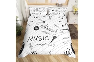 HOMEMISSING Music Theme Bedding 140 x 200 cm Black and White Music Note Bedding Music Theme Duvet Cover Teens Retro Music Microphone Vinyl Records Room Decor