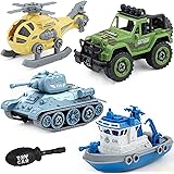 Kiddie Galaxia® Military Army Foldable Vehicles Car Toy 4 Pack with Screwdriver Toy, DIY Kids STEM Toys Including Helicopter,
