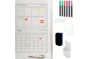 MANEGUETE. Pizarra magnetica nevera transparente en castellano. Planificador mensual, planificador semanal, 6 rotuladores y borrador. Calendario magnetico nevera que da estilo a tu cocina