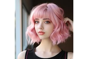 BERRYLION Pink Wigs for Women|Short Bob Pink Wig with Bangs|Synthetic Wavy Bob Wig With Air Bangs
