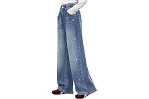 Rolanko Jeans Larghi per Ragazze, Vita Alta Elasticizzata Gamba Larga Pantaloni Denim Bootcut per Bambini 6-15 Anni