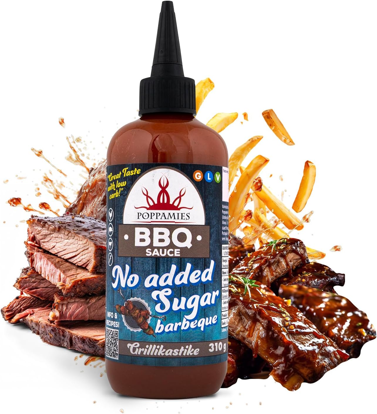 Salsa BBQ Poppamies Sin Azúcares Añadidos – Sabor Ahumado e Intenso Bajo en Carbohidratos – Sin Gluten, Sin Lactosa, Vegana – 310g