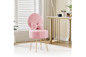 AffinityFurn Pink Dressing Table Chair, Sherpa Fleece Vanity Chair with Stroage Space and Metal Legs, Makeup Vanity Stool with Pillow & Foldable Backrest, Accent Chairs for Bedroom Makeup