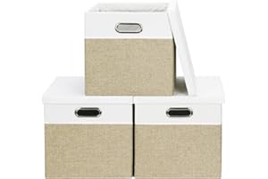 Febzoce Aufbewahrungsbox mit Deckel Faltbarer Stoff Aufbewahrungswürfel Korb Mülleimer Hellbraun/Weiß, Quadratisch, 30 x 30 x 30 cm, 3 Stück
