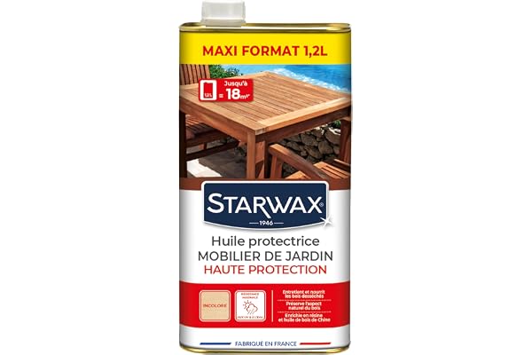 STARWAX – Huile Protectrice Mobilier de Jardin – Haute Protection Incolore – Nourrit & Protège les Bois Desséchés – Anti-Tache/Anti-Graisse/Anti-UV – Bois Exotiques – 1,2 L – Jusqu’à 18 m²