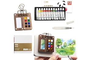 Hurifeng Mini Aquarell Set – Tragbare 8-Fach Walnussholzpalette inkl. 12 Farben, Skizzenbuch (ENGL. Umschlag), Wasserpinsel und Clip – Perfekt für Reise, Skizzen und kreative Momente